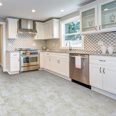 kitchen flooring with patterned backsplash